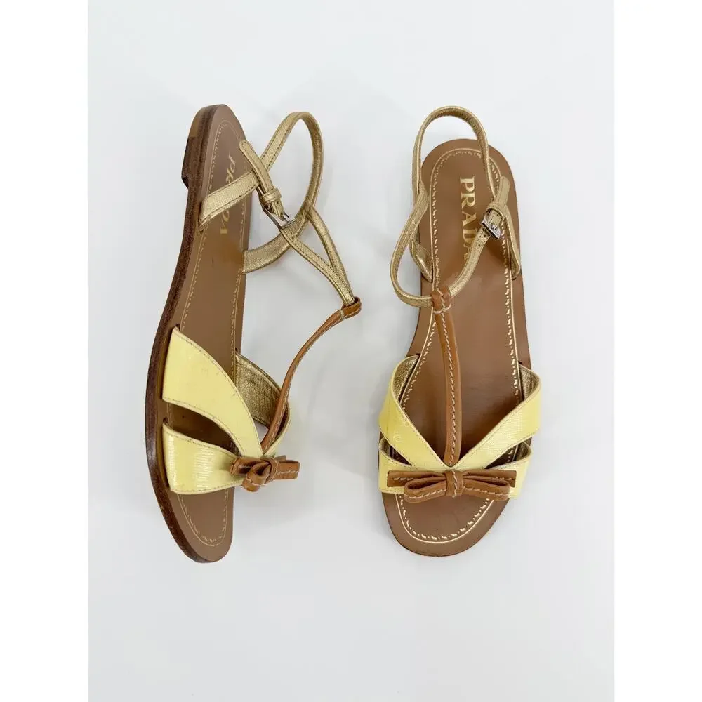 Prada Sandals Yellow Leather Bow T Strap Flat Gladiator Slingback Italy 36.5